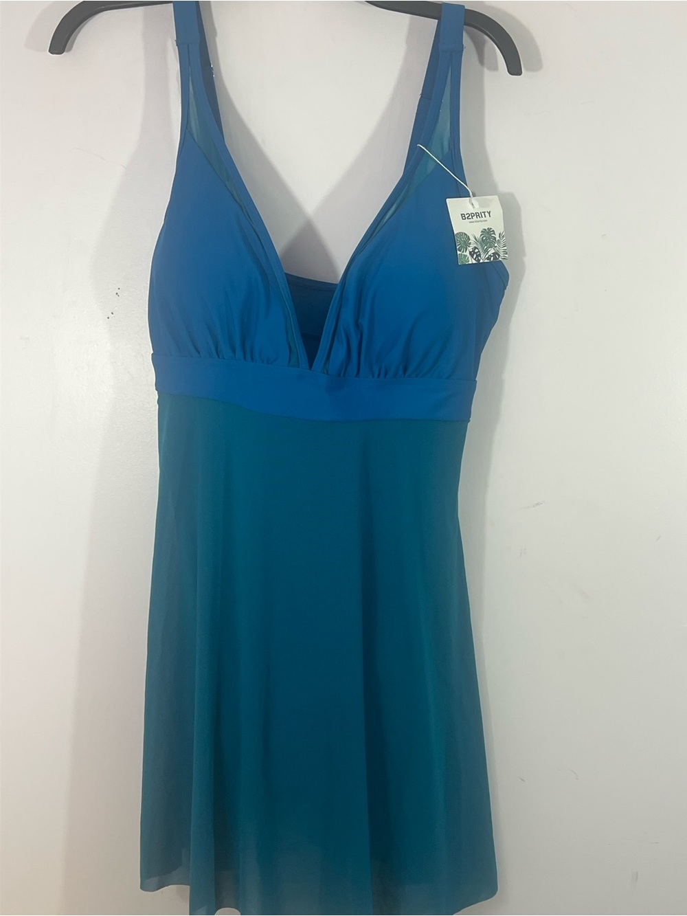 B2Prity Blue Swim Dress One Piece XL Tummy Control Mesh Skirt Flowy Swimsuit NWT